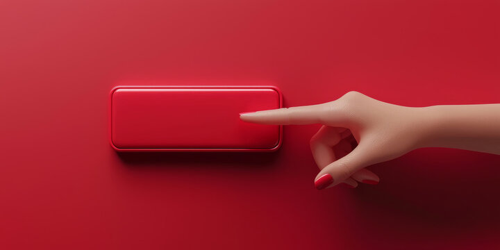 Finger Pressing Glossy Red Button on Minimalist Background