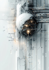 Abstract grey and white background with futuristic technical elements.