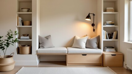 Cozy living room featuring foldable furniture decor ideas, minimalist design, window seat, wooden shelves, warm natural light. Concept of foldable furniture decor ideas enhances interior design.