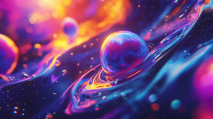 Abstract space pattern with colorful planets, and swirling cosmic dust in vibrant galactic hues