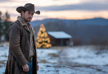 Fototapeta premium Cowboy at Sunset Near Christmas Tree on Snowy Ranch - Handsome Western Cowboy in Quiet Holiday Landscape