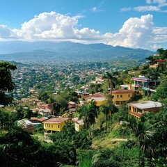 Fototapeta premium Panoramic view of a vibrant city nestled in a valley, surrounded by lush greenery and mountains under a partly cloudy sky. Homes of various colors are scattered across the hillside