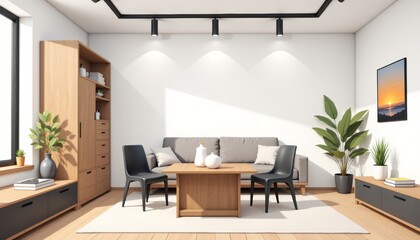 Modern, minimalist living room showcasing foldable furniture decor ideas, clean design, natural light. Concept of foldable furniture decor ideas, enhancing interior elegance.