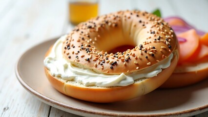 Toasted Bagel with Cream Cheese Spread on Plate for Classic Breakfast