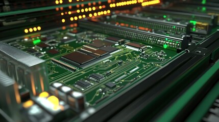 Close-up of complex circuit board, server rack interior, glowing components, possible use for technology articles