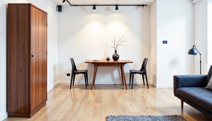 Modern minimalistic interior features foldable furniture decor ideas with wooden floor, white walls, and versatile seating. Concept of foldable furniture decor ideas emphasizing space optimization.