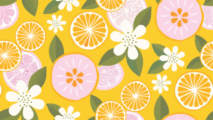 A vibrant pattern of citrus slices and white flowers on a bright yellow background creating a summery feel