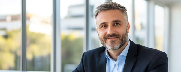 Professional business man portrait with modern office window background