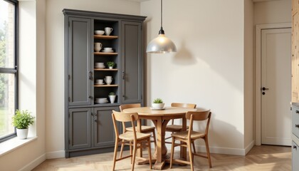 Modern kitchen with foldable furniture decor ideas, wooden table and chairs, large window. Concept of foldable furniture decor ideas, minimalistic interior design.