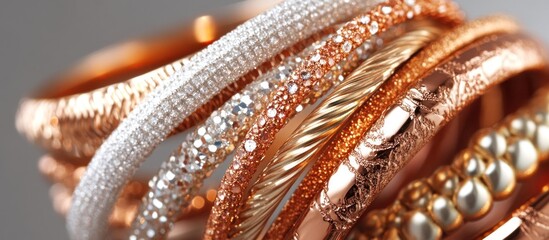 Closeup of layered gold, rose gold, and silver bracelets