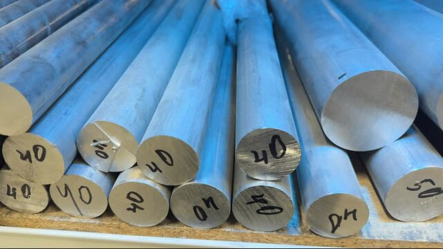 Round billets of different diameters made of aluminum alloy lie on a rack in the warehouse of the metalworking workshop
