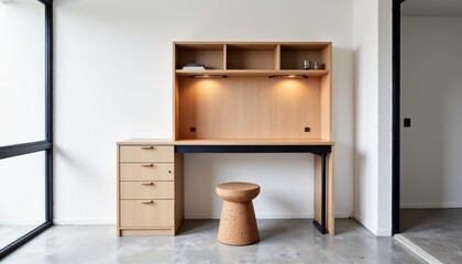 Minimalist office with foldable furniture decor ideas featuring wooden desk, stool, large windows. Concept of foldable furniture decor ideas highlights functional, modern interior.