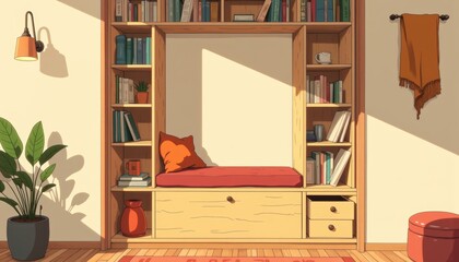 Cozy room with foldable furniture decor ideas, wooden bookshelf, red cushion, warm atmosphere, potted plant, red rug. Concept of foldable furniture decor ideas harmonizing interior design.