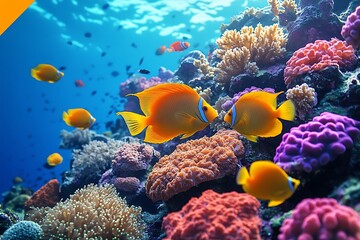 Naklejka premium Colorful Coral Reef Ecosystem with Golden Angelfish and Clownfish Swimming Underwater