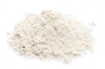 Pile of white wheaten flour isolated on white background. Baking product which is main ingredient in the preparation of pasta, cakes and bread.