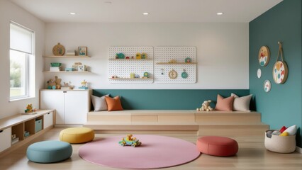 Bright playroom with teal walls, wooden furniture, shelves of toys, colorful pouffes, and pink rug. Concept of kids playroom home design focuses on interior and inviting atmosphere.