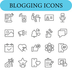 Set of blogging icons in a minimalist line-art style, featuring various symbols associated with blogging and social media.