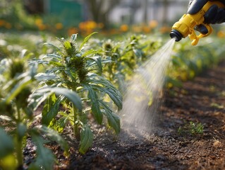 gardener spraying liquid herbicide directly onto isolated thistle plant in garden bed