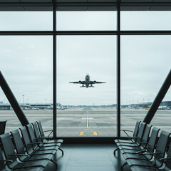 take off aircraft behind airport window 