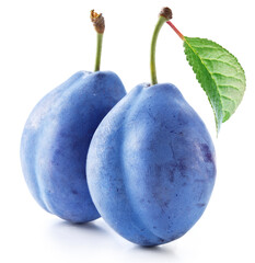 Two prune plums with green leaf on white background. File contains clipping paths.