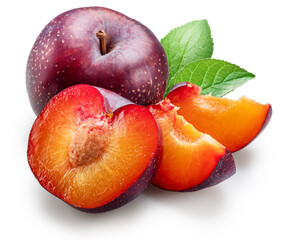 Ripe chinese plums with green leaf and plum slice isolated on white background. File contains clipping paths.