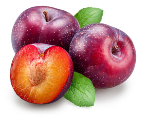 Ripe chinese plums with green leaf and plum slice isolated on white background. File contains clipping paths.