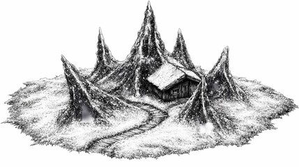 Obraz premium Winter landscape with a small wooden house nestled among snow-covered, jagged peaks.