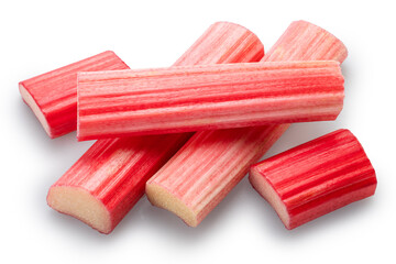 Cuts of red rhubarb stem on white background. File contains clipping path.