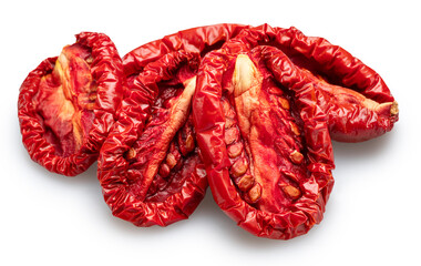 Halves of sun-dried plum tomatoes on white background. File contains clipping path.