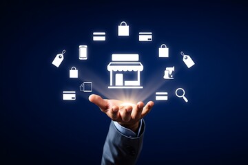 Hand Holding Digital Shopping Store Concept displaying virtual