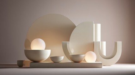 A modern arrangement of sculptural elements showcases various geometric forms in soft hues. The display features rounded shapes and illuminated spheres, enhancing the space's tranquility