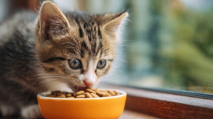 A small tabby kitten is happily eating from a yellow bowl filled with dry cat food, sitting by a window with soft sunlight casting a warm glow