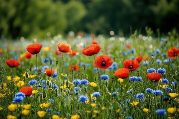 Obraz premium Vibrant wildflower meadow with red poppies, blue cornflowers, and yellow daisies under natural sunlight