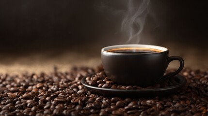 A steaming cup of coffee sits on a saucer surrounded by roasted coffee beans, creating a warm and inviting atmosphere perfect for enjoying a comforting beverage