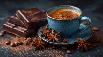 A spiced coffee served in a blue cup rests on a plate next to chocolate bars and star anise. Coffee beans and cocoa powder add texture to the rustic wooden surface