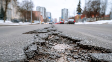A cracked and damaged road is visible in an urban area during winter. Snow can be seen on the roadside and vehicles are driving by, highlighting the effects of harsh weather on infrastructure