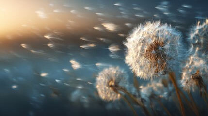 Dandelion seeds disperse in a soft wind as the sun sets, creating a serene atmosphere. This picturesque moment captures nature's beauty and tranquility in a quiet landscape