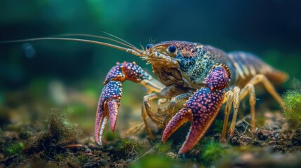 Cruising through a freshwater environment, a crayfish displays its striking colors and prominent claws against a natural backdrop, highlighting its habitat's beauty and complexity