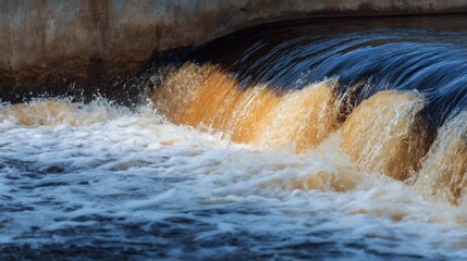 Water flows vigorously over a dam, producing waves and foam. The sunlight reflects off the water, creating a tranquil atmosphere in the natural surroundings
