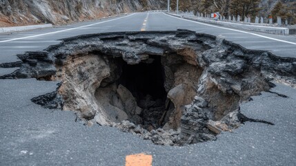 A significant sinkhole has developed on a mountain road, causing a hazardous situation. The surrounding scenery includes rocky cliffs and sparse vegetation, indicating challenging terrain