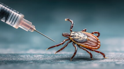 A tick is positioned near a syringe on a smooth surface, highlighting the focus on tick-borne disease research. This visual emphasizes the importance of vaccination in prevention