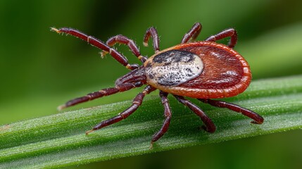 A tick is perched on a blade of grass, showcasing its detailed body and legs. The setting is a lush, green area, likely representing a forest or meadow during daytime