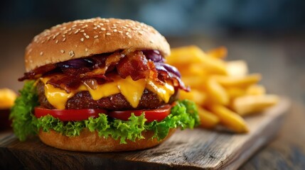 A delicious cheeseburger stacked with fresh lettuce, juicy beef patty, melted cheese, crispy bacon, and tomatoes is displayed with golden fries on a wooden platter