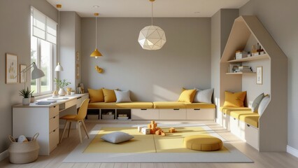 Bright kids playroom home design interior with light gray walls, wooden flooring, cozy playhouse, yellow accents, warm ambiance. Concept of kids playroom home design with modern decor.