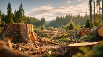 A serene forest clearing features freshly cut tree stumps and scattered logs. Golden hour light enhances the tranquil atmosphere with distant trees lining the background