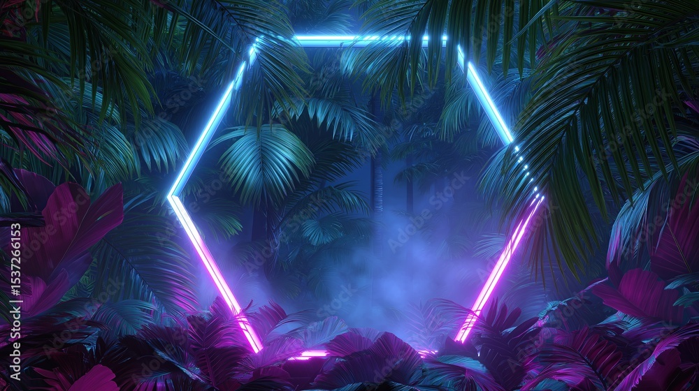 Poster neon hexagon shape glowing in a tropical jungle at night in 80s synthwave style