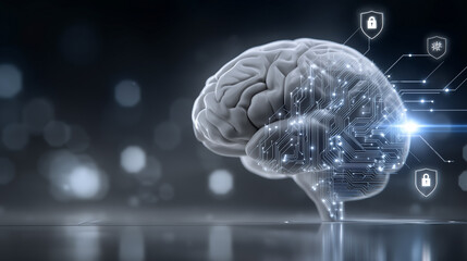 Digital Brain with Security: A highly detailed 3D render depicts a glowing digital brain integrated with secure digital pathways, sparking thoughts on the future of information and AI.