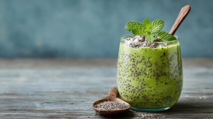 A vibrant green smoothie made with fresh ingredients is topped with chia seeds and mint leaves. It is served in a clear glass beside a wooden spoon filled with chia seeds