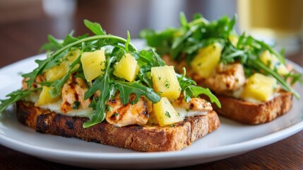 Two slices of grilled bread topped with well-seasoned salmon, diced pineapple, and a generous amount of arugula are displayed on a plate. The cozy atmosphere of the café enhances the delightful meal