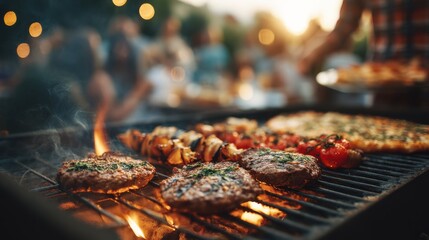 Friends gather around a grill during sunset, enjoying a vibrant barbecue with sizzling burgers and colorful skewered vegetables. The warm glow enhances the festive atmosphere